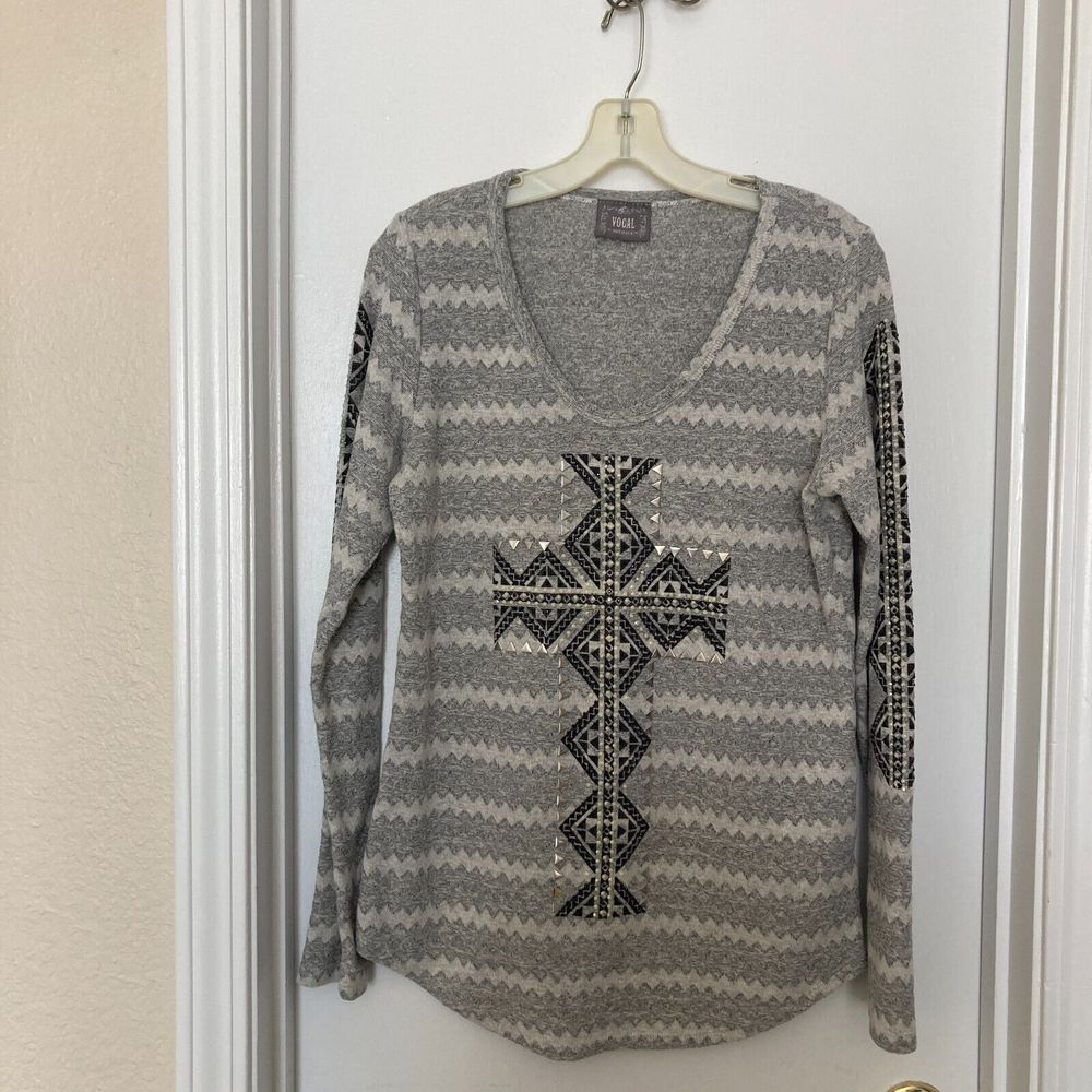 Vocal Brand Womens Knit Long Sleeve T Shirt  Embellished Cross Gray Striped L
